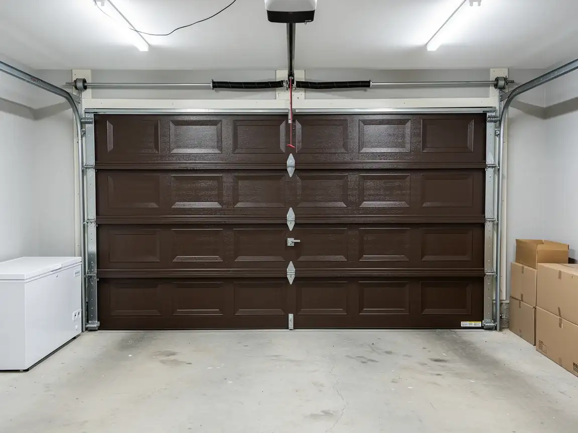 A brown garage door is closed in a garage with a freezer and boxes.