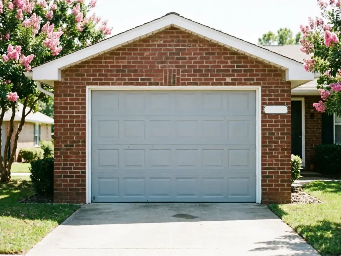 A light gray garage door is centered on a red brick house.
