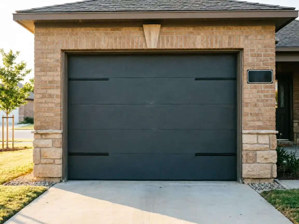 A dark gray garage door is set into a brick and stone house.