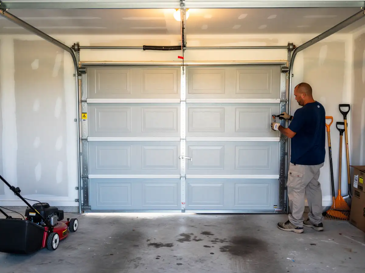 A technician adjusts a light gray garage door inside a garage.