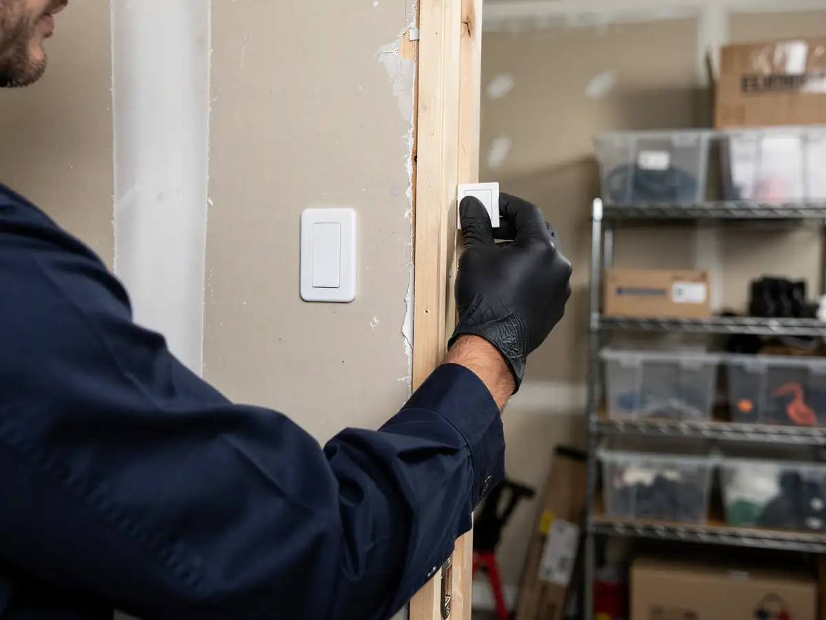 A technician in a blue shirt and black gloves installs a white light switch.
