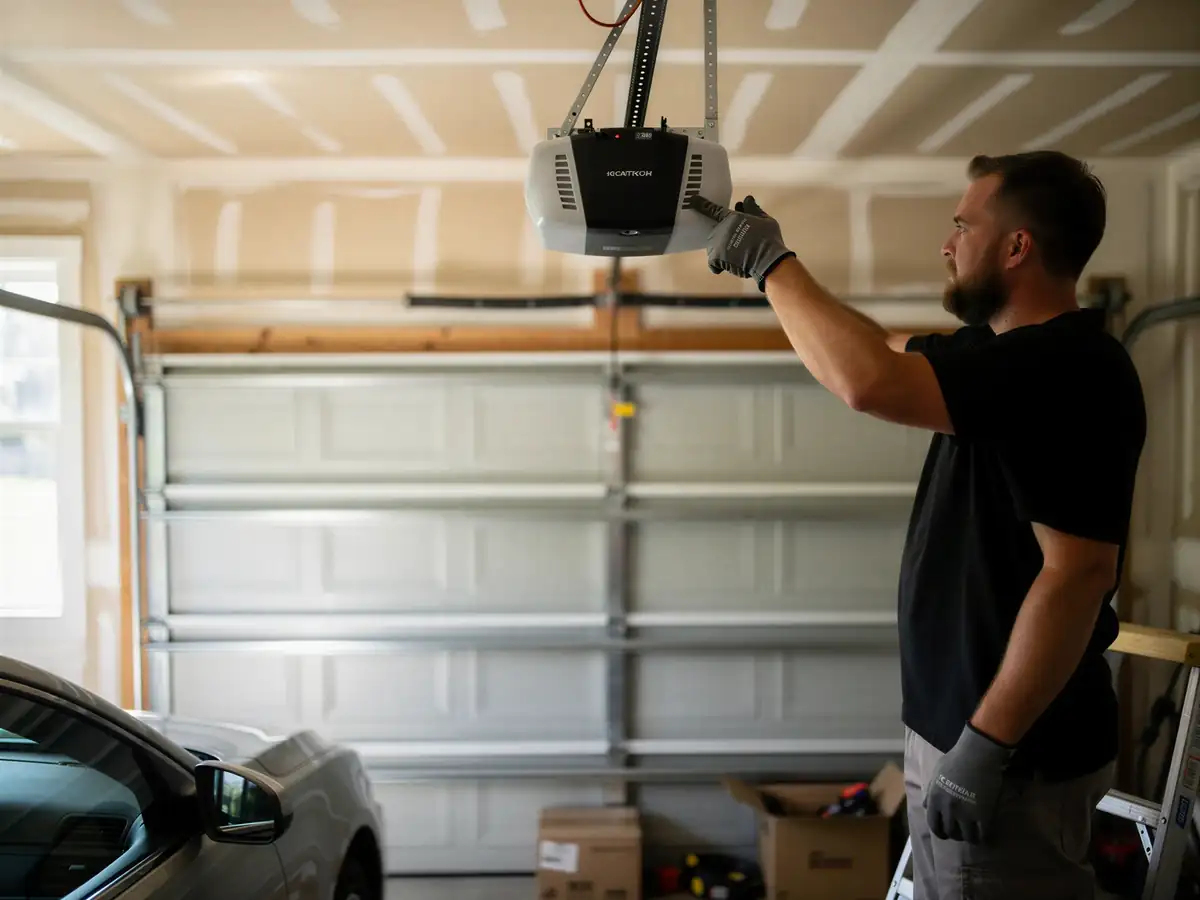 A technician adjusts a garage door opener above a white garage door.
